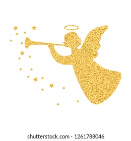 Golden silhouette angel with stars isolated on white background. Vector illustration.