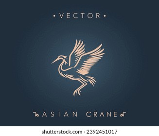 Golden Silhouette of Asian Crane on Swirl Pattern Background
