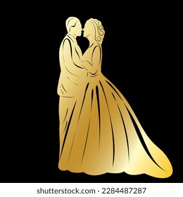 golden silhouette of the bride and groom