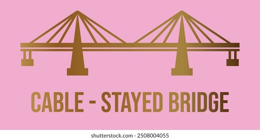 Silueta dorada del puente atirantado con texto. Vector sobre fondo rosa