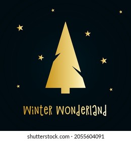 Golden silhouette of a Christmas tree with snow and stars. Merry Christmas and Happy New Year 2022. Vector illustration.