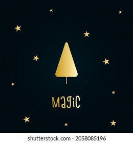 Golden silhouette of a Christmas tree with snow and stars on a dark blue background. Merry Christmas and Happy New Year 2022. Vector illustration. Magic.