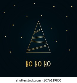 Golden silhouette of a Christmas tree with snow on a dark blue background. Merry Christmas and Happy New Year 2022. Vector illustration. Ho ho ho.