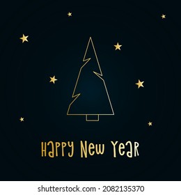 Golden silhouette of a Christmas tree with snow and stars on a dark blue background. Merry Christmas and Happy New Year 2022. Vector illustration.