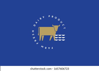 Golden silhouette of a cow on isolated background. Emblem of a fresh produce farm. Design elements for menu restaurants, butcher shops, and markets. Vector logo illustration on blue background.