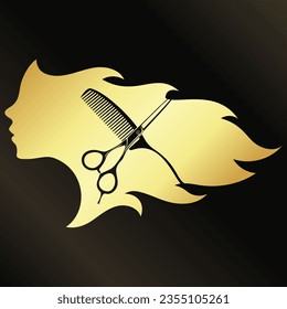 Golden silhouette of the face of a girl with hair, scissors and a comb. Design for beauty and hair salon