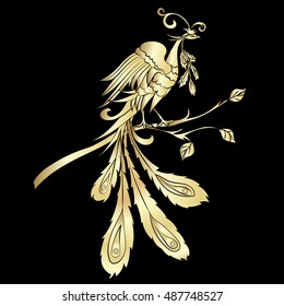 Golden silhouette fantastic fire-bird are on black background. Vector illustration Ornate bird drawing decorated with abstract ornaments
