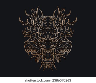 Golden silhouette of outline oriental dragon head on dark blue background. Gothic vintage poster with Asian mythology reptile or monster, devil for t-shirts of tattoo