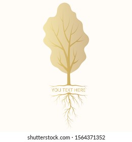 Golden silhouette of a park tree with roots. Vector isolated Illustration of a gold forest icon.