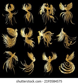 golden silhouette of phoenix bird, set isolated, vector