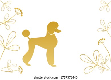 Golden silhouette of a poodle on a white background, stylized decorative flowers, copyspace. Blank for design. Vector
