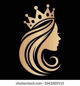 Golden silhouette of a queen with crown and flowing hair on a black background
