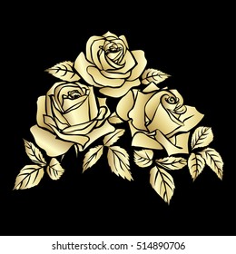 Golden silhouette of rose isolated on black background. Vector illustration.