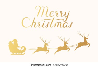 Golden silhouette of santa claus on sleigh with reindeers. Happy new year decoration. Merry christmas holiday gold lettering. Vector isolated illustration for xmas celebration.