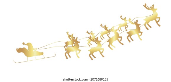 Golden silhouette of Santa's sleigh and 9 reindeers isolated