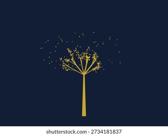 Golden silhouette of a stylized tree with delicate branches against a dark blue textured background, minimalist design with a serene and elegant mood