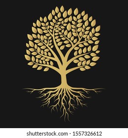 Silhouette dorée d'arbre aux racines, feuilles et branches d'or. Image vectorielle isolée Illustration.