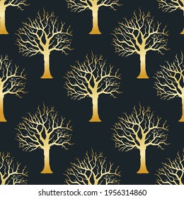 Golden silhouette of tree vector illustration seamless pattern