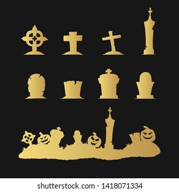 Golden silhouettes of cemetery tombstones, crosses and gravestones. Graveyard border with gold headstone, creepy pumpkins for Halloween decoration.