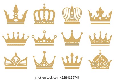 Golden silhouettes of crowns. Symbol of the rule of the power of wealth. Your company logo icons. Vector illustration