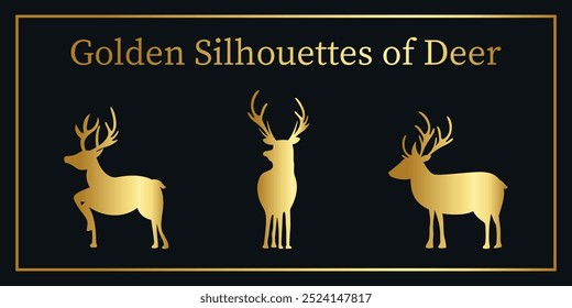 Golden silhouettes of deer. Vector on black background
