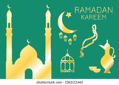 Golden silhouettes of Eastern objects: mosque, Crescent, lanterns, jug, bowls, prayer beads, on a green background, Ramadan Kareem, greeting card