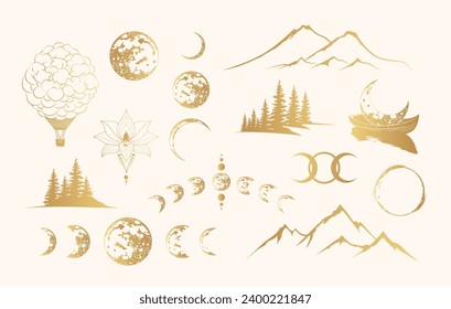 Siluetas doradas de luna, bosque, barco y otros elementos de diseño aislados en un fondo blanco. Colección mística vectorial en estilo boho