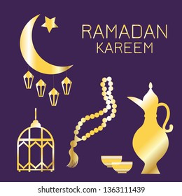 Golden silhouettes of Oriental objects: Crescent moon , lanterns, jug, prayer beads on a dark purple background, Ramadan Kareem, greeting card