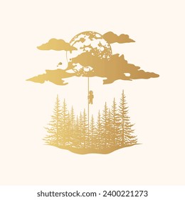 Golden silhouettes of a spruce forest and the moon surrounded by clouds. Vector illustration for print, poster and greeting card