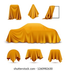 Golden silk cloth covered objects realistic set with draped frame car hanging napkin tablecloth curtain vector illustration