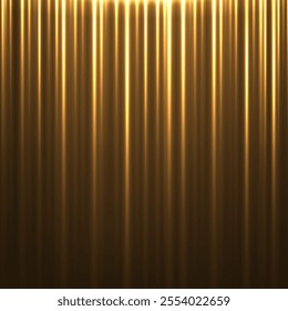 Golden silk fabric luxury background. Gold vertical draped satin cloth texture curtain. Smooth shiny drape material curtain. Realistic modern vector banner.