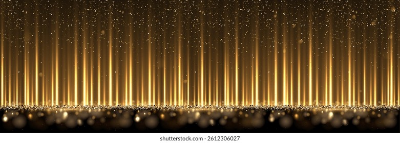 Golden silk fabric luxury background. Gold vertical draped satin cloth texture curtain on glitter confetti floor. Smooth shiny drape material curtain. Realistic modern vector banner.