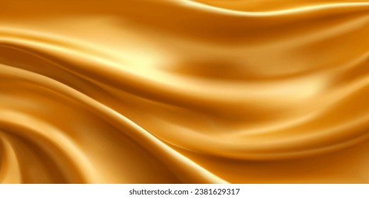 Golden silk fabric texture. Realistic vector background of satin glossy cloth with abstract waves and ripples. Luxury cloth or liquid wave