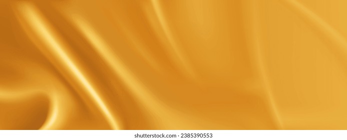 Golden silk material background with liquid ruffles effect. Realistic vector illustration of gold satin fabric texture with waves and folds. Backdrop of royalty smooth and soft drapery cloth surface.