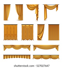 Golden silk velvet luxury curtains and draperies interior decoration design ideas realistic icons collection isolated vector illustration 