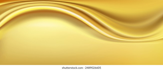 Golden silky fabric template background realistic vector illustration. Wavy shimmering yellow satin textile 3d color image upper view