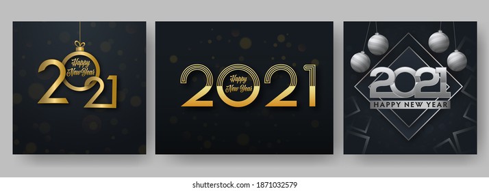 Golden And Silver 2021 Happy New Year Text On Black Background In Three Options.