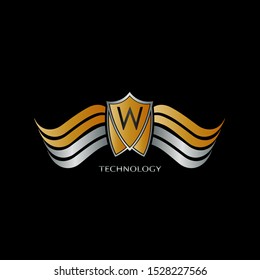 Golden and Silver Abstract Shield on Wing letter W  logo icon design concept for technology business or more brand identity.