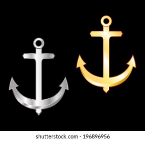 Golden and silver anchors vector set.