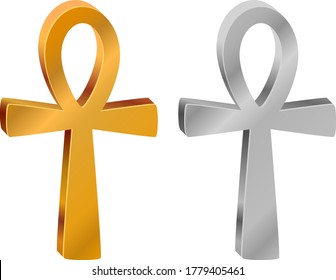 Golden and silver ankh on white background.