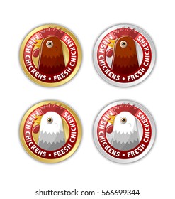 Golden and silver badges with chicken head and lettering FRESH CHICKENS isolated on white background