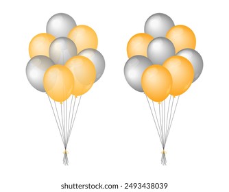 Golden and silver balloons bunch isolated. Vector illustration. Decorative flat elements for Birthday, party, event and other celebration designs. Metallic colored festive helium balloons tied up.