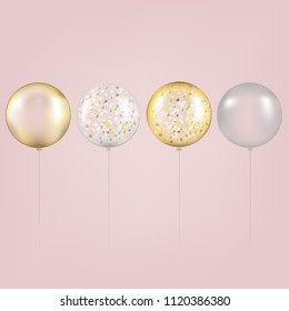 Golden And Silver Balloons Pink Background With Gradient Mesh, Vector Illustration
