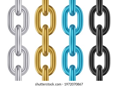 Golden, silver, black and blue metal chain set. Realistic vector seamless chain for brushes and design