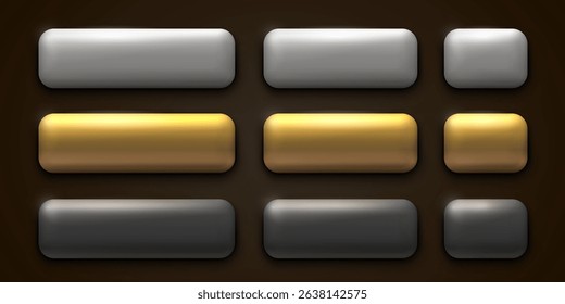 Golden, silver, black frame label, event bar button, gold signboard. Vector illustration