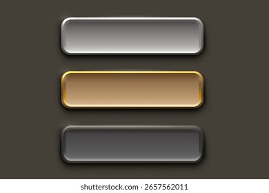 Etiqueta de marco dorado, plateado, negro, Botón de barra de eventos, letrero dorado. Ilustración vectorial