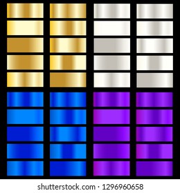 Golden, silver, blue, purple gradient. Collection of colorful gradients with  glossy metal texture for design of covers, banners, posters and other creative projects.