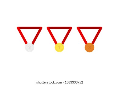 Golden silver bonze medals with ribbons isolated on white background. Symbol of games trophy. EPS 10