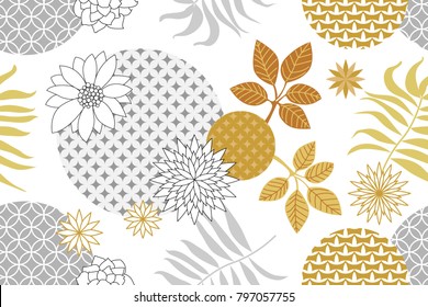 Patrón botánico dorado y plateado con motivos japoneses. Estilo minimalista. Flores abstractas y hojas de palma sobre fondo blanco. Colección textil oriental.