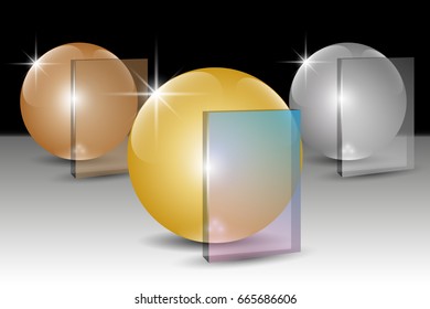 Golden, silver and bronze 3D spheres and transparent banners for text. Vector illustration EPS10